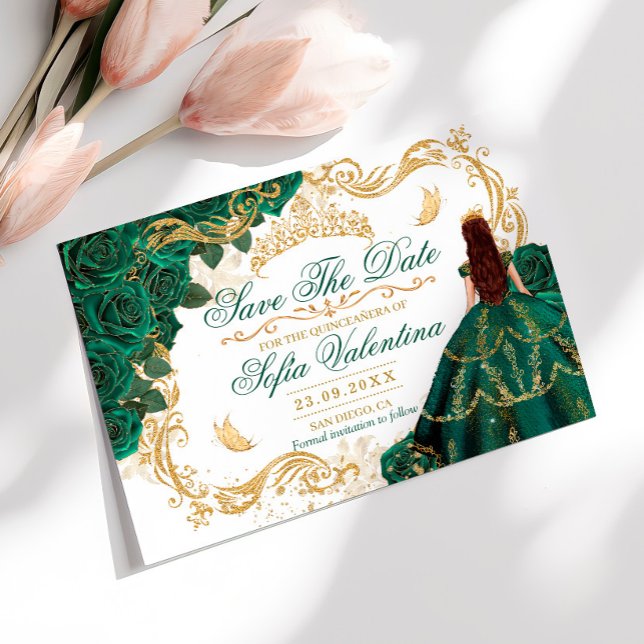 Royal Smaragdgrön Guld Krona Quinceañera Spara Datumet (Skapare uppladdad)