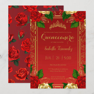 Royal spanska Röda & Guld Ro Quinceañera Inbjudningar