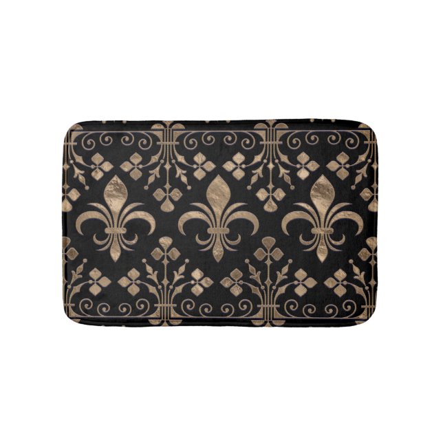 Royal svart och guld Fleur-de-lis-ornament Badrumsmatta (Framsidan)