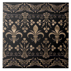 Royal svart och guld Fleur-de-lis-ornament Kakelplatta