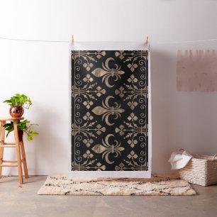 Royal svart och guld Fleur-de-lis-ornament Tyg