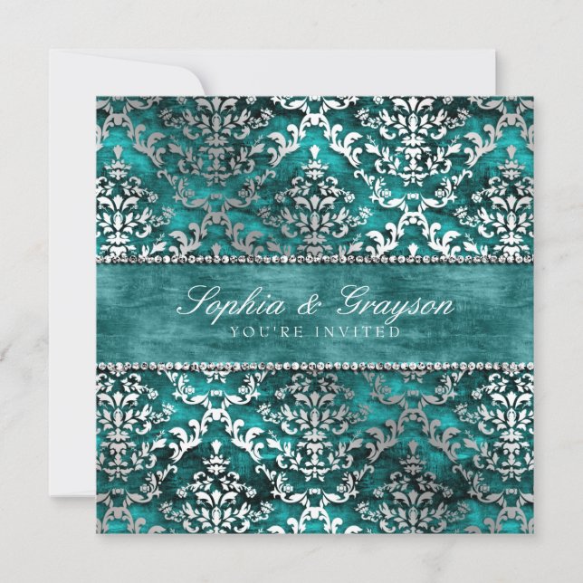 Royal Teal Glimmer Damask Wedding Inbjudan (Framsida)