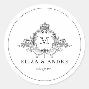 Royal Vapensköld Elegant Utandning Monogram Bröllo Runt Klistermärke