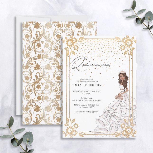 Royal White & Guld Dress Quinceanera Birthday Inbjudningar (Skapare uppladdad)