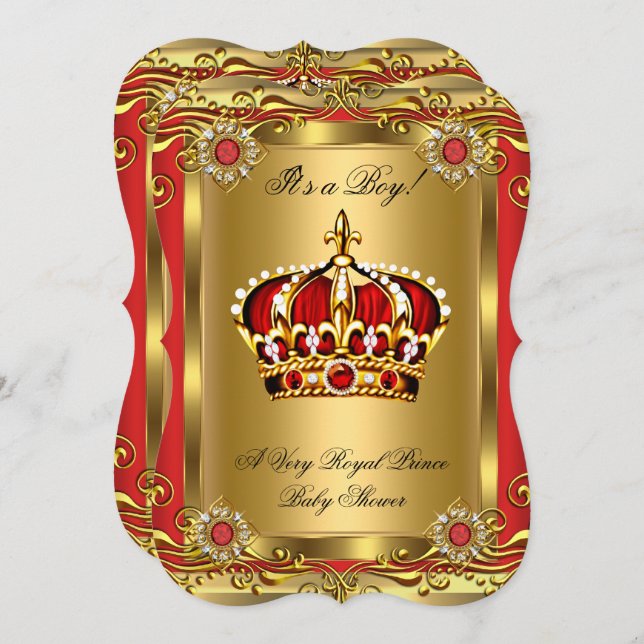 Royalet Baby Shower Regal Red Guld Inbjudningar (Fram/baksida)