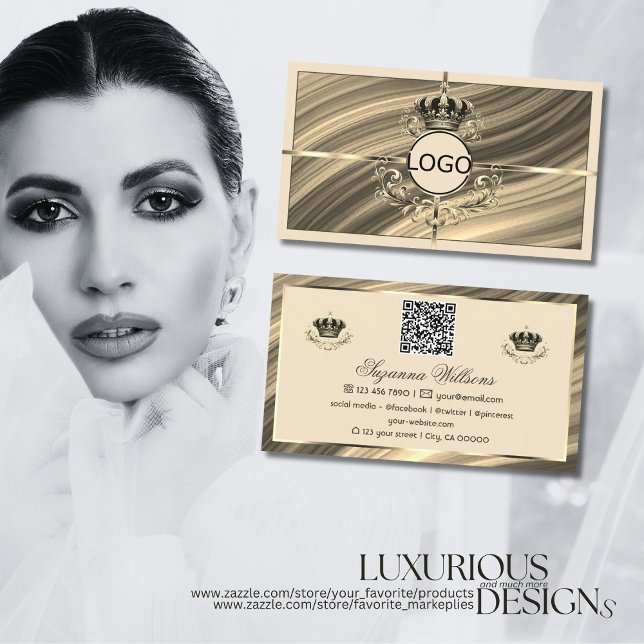 Royalet Beige Guld Krona med Logotyp QR-kod Visitkort (Skapare uppladdad)