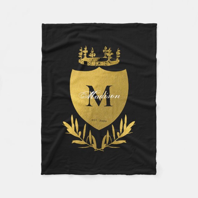 Royalet Black & Guld Emblem Shield Monogram Fleecefilt (Framsidan)