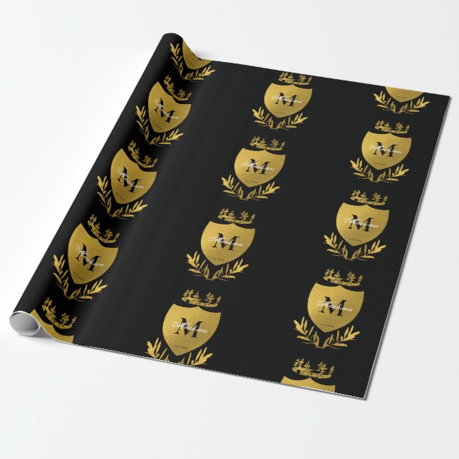 Royalet Black & Guld Emblem Shield Monogram Presentpapper (Utrullad)