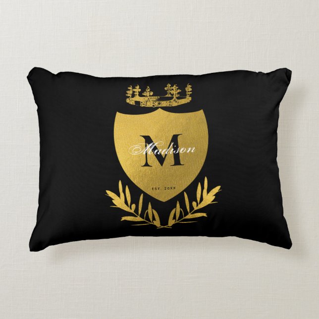 Royalet Black & Guld Emblem Shield Monogram Prydnadskudde (Framsidan)