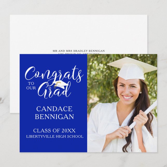 Royalet Blått för GRATULERAR GRAD-typografi i chic Meddelande (Fram/baksida)
