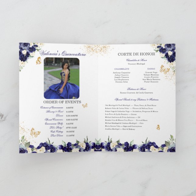 Royalet Blue Blommigt Tiara Butterfly Quinceanera Program (Inuti)
