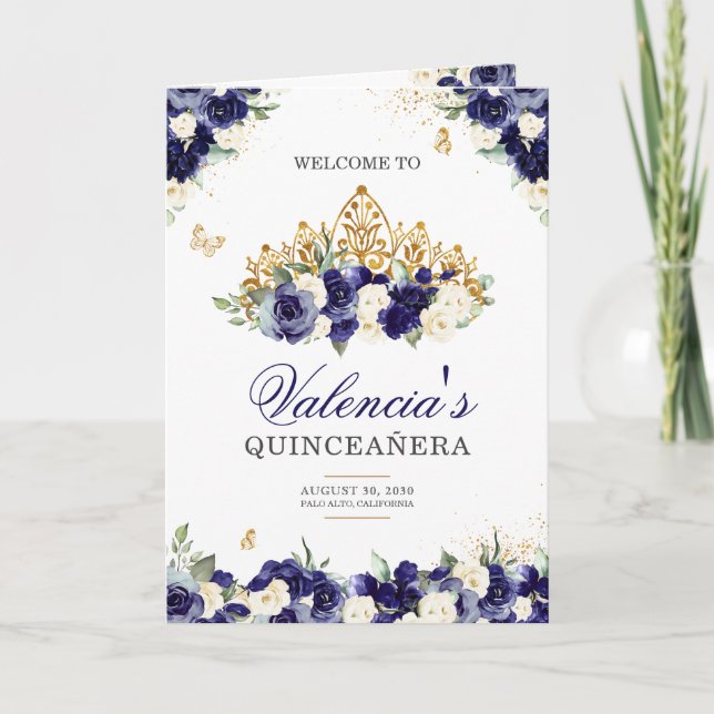 Royalet Blue Blommigt Tiara Butterfly Quinceanera Program (Framsida)