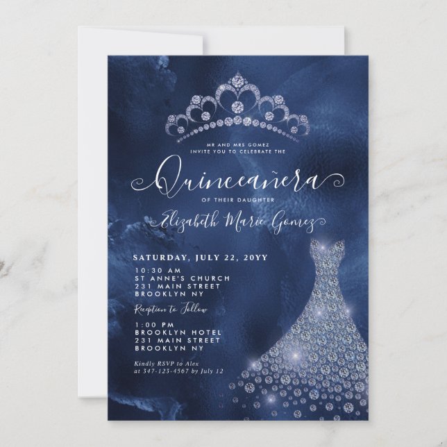Royalet Blue Diamond Tiara Dress Quinceanera Inbjudningar (Framsida)