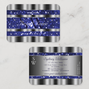 Royalet Blue Glitter Stars Monogram Silver Visitkort