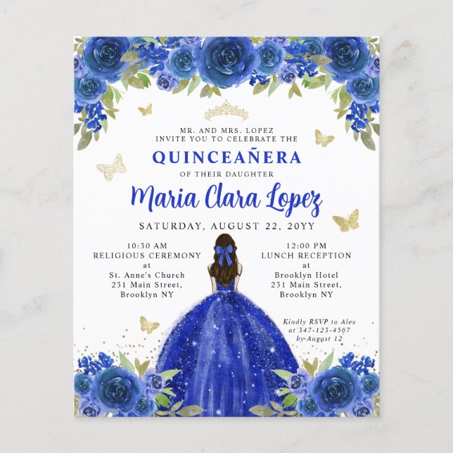 Royalet Blue Guld Blommigt Princess Quinceanera (Framsida)