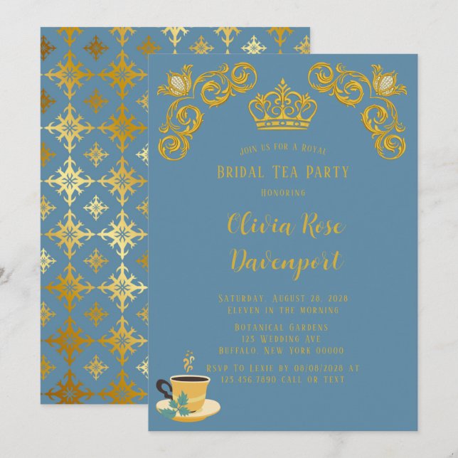 Royalet Blue & Guld Krona Damask Möhippa Tea Party Inbjudningar (Fram/baksida)