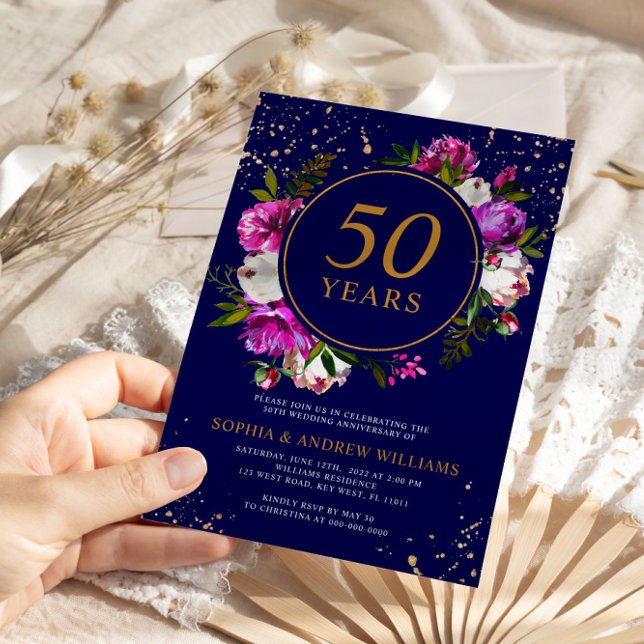 Royalet Blue Lila blommor 50:e Bröllop-årsdagen Inbjudningar (Skapare uppladdad)