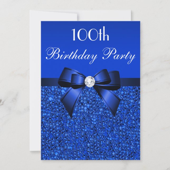 royalet Blue Sequins Bow och Diamond 100 födelseda Inbjudningar (Framsida)