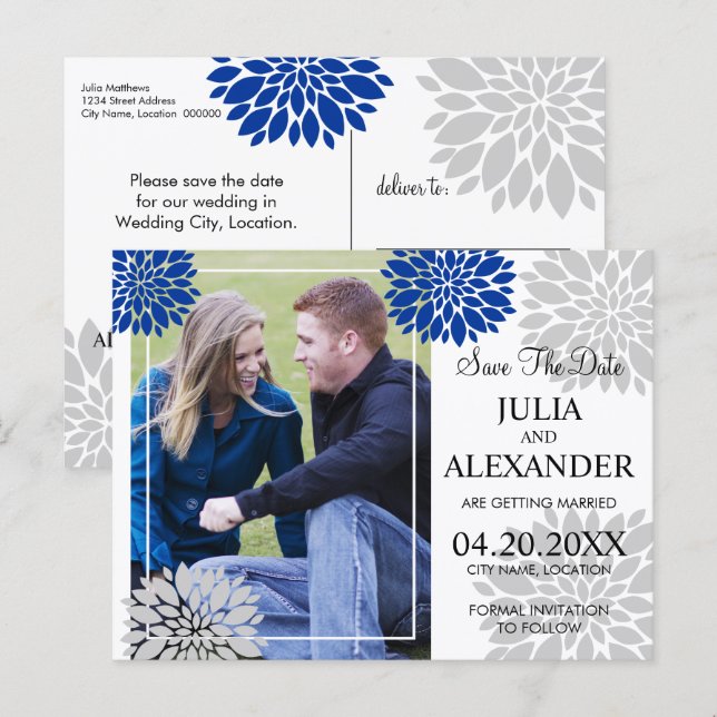 Royalet Blue Silver Blommigt Burst Photo Save Date Meddelande Vykort (Fram/baksida)