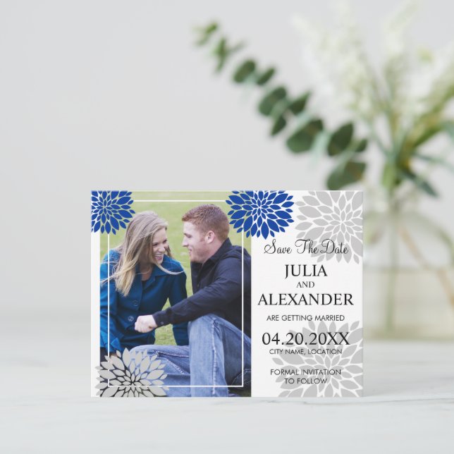 Royalet Blue Silver Blommigt Burst Photo Save Date Meddelande Vykort (Stående Fram)