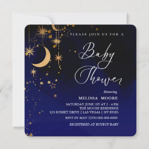 Royalet Blue Square i måne och Stars Baby Shower Inbjudningar