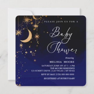 Royalet Blue Square i måne och Stars Baby Shower Inbjudningar