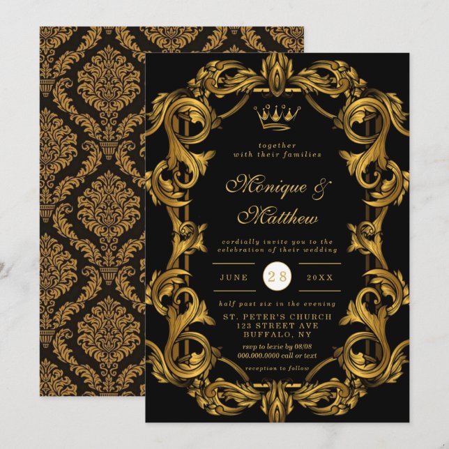 Royalet Bröllop i Luxury Art nouveau Black Guld Inbjudningar (Fram/baksida)