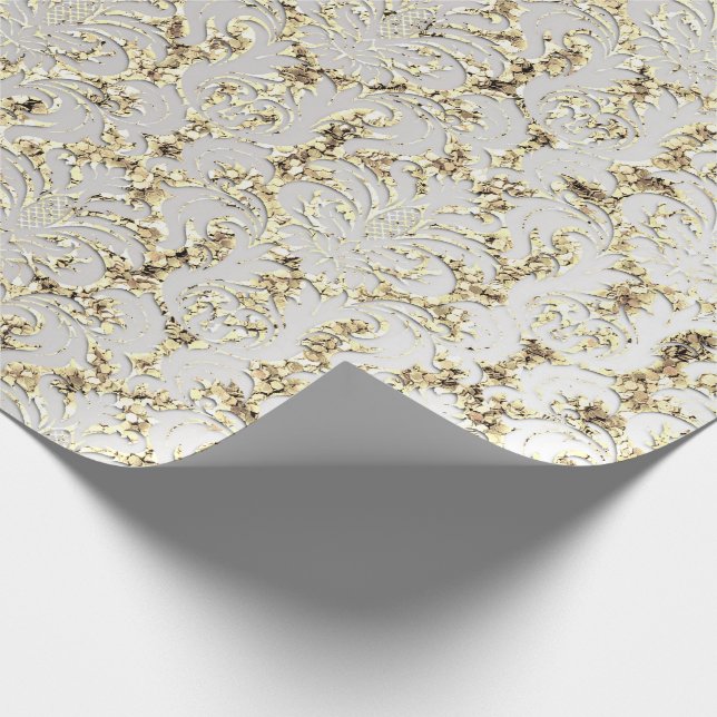 Royalet Damask Glitter Faux Guld Grått Silver Presentpapper (Hörn)