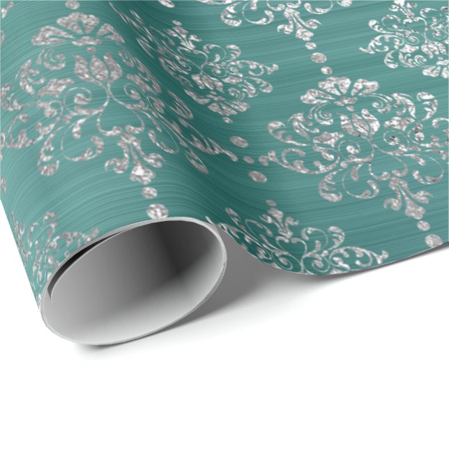 Royalet Damask Silver Teal Aquatic Ocean Ornamet Presentpapper (Rullad Hörn)