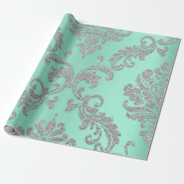 Royalet  för Grönten Damask Mint, Silver Glitter Presentpapper