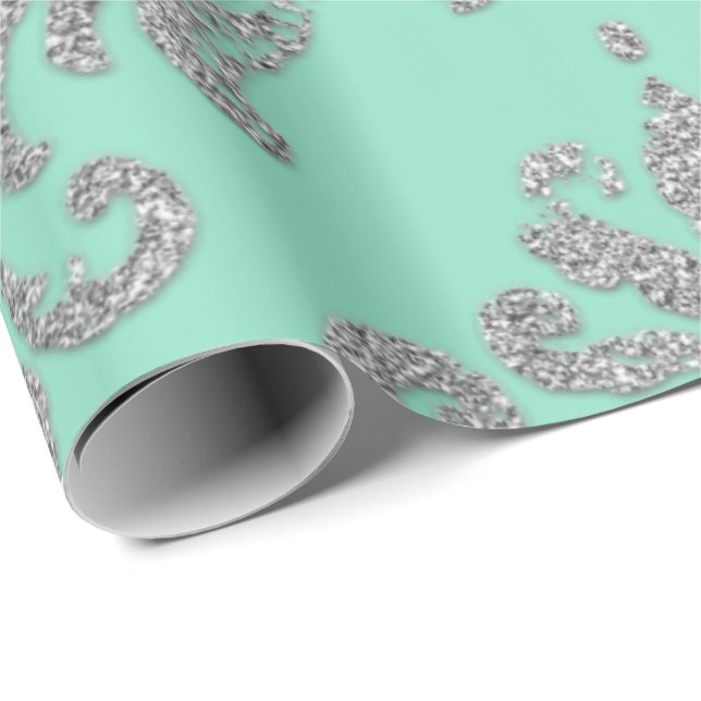 Royalet  för Grönten Damask Mint, Silver Glitter Presentpapper (Rullad Hörn)