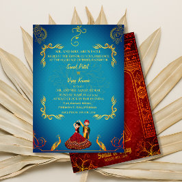 Royalet Golden Peacock Teal i Indiska Hindu Bröllo Inbjudningar