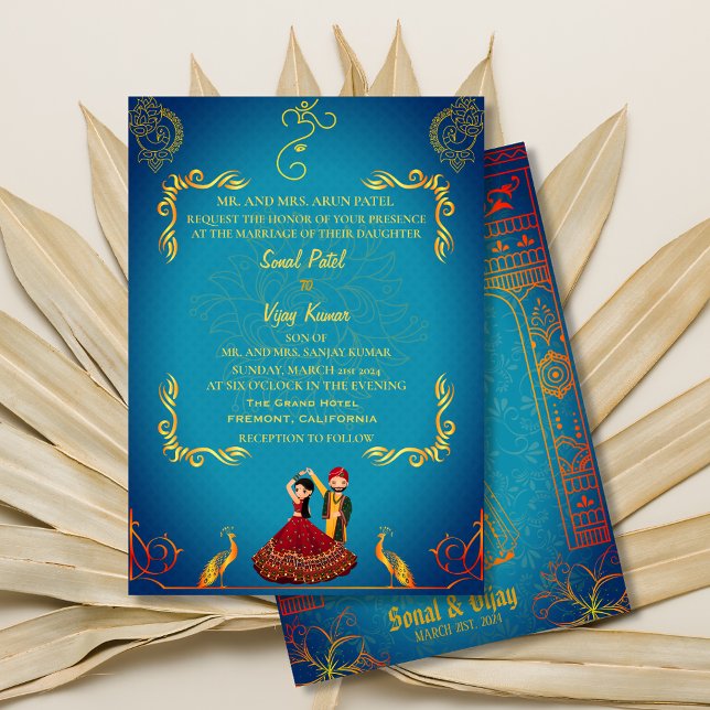 Royalet Golden Peacock Teal i Indiska Hindu Bröllo Inbjudningar (Skapare uppladdad)