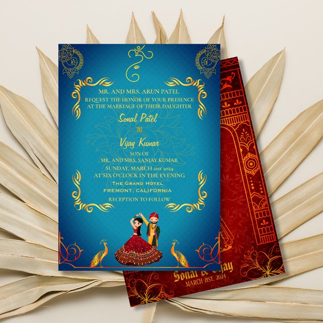 Royalet Golden Peacock Teal i Indiska Hindu Bröllo Inbjudningar (Skapare uppladdad)
