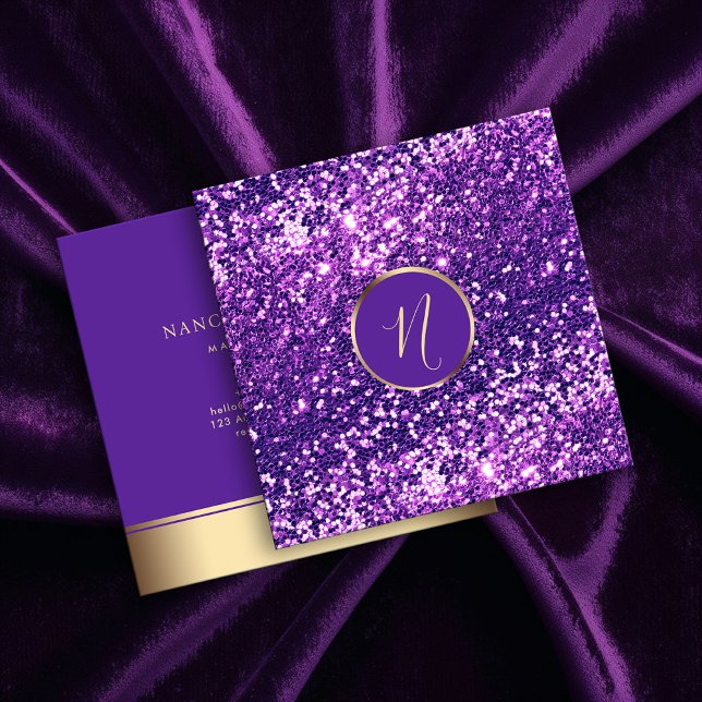 Royalet Guld och Lila Glitter Elegant Fyrkantigt Visitkort (Skapare uppladdad)