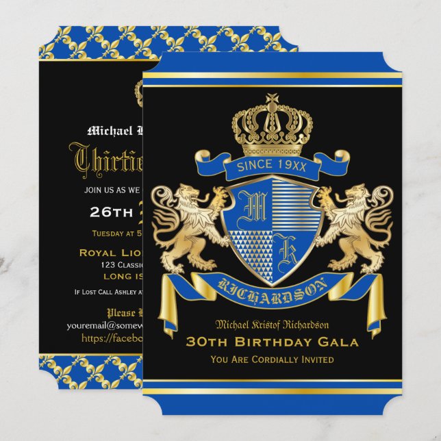 Royalet Jackar Arm Blue Guld Lejon Emblem Birthday Inbjudningar (Fram/baksida)