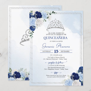 Royalet Light Blue Silver Ro Flor Quinceañera Inbjudningar