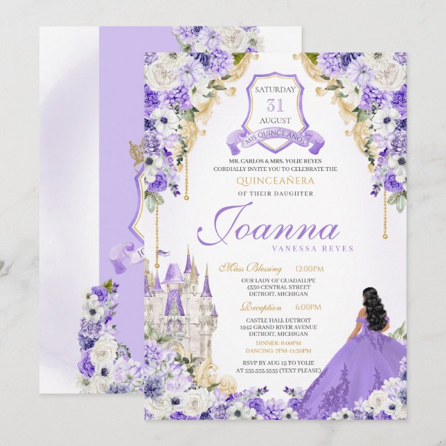 Royalet Princess Quinceanera Lavender Lila & Guld Inbjudningar (Fram/baksida)