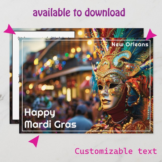 💚 💛 Royalet Regalia: Mardi Gras Extravaganza Julkort (Mardi Gras flat card, with custom text front and back. Printed or instant download)