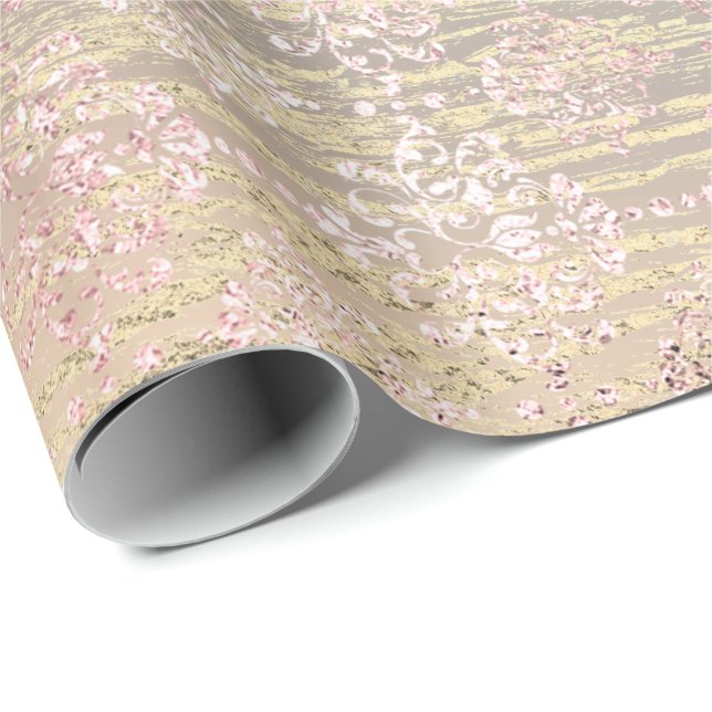 Royalet ro Guld Foxier Metallic Damask Wood Rosa Presentpapper (Rullad Hörn)