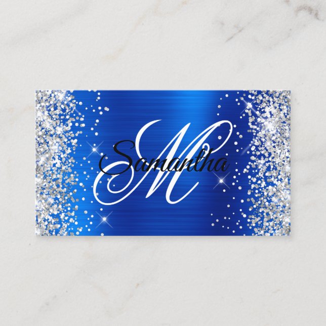 Royalet Silver Blue Foil Finare Monogram Visitkort (Framsida)