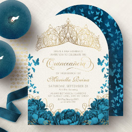 Royalet Teal Guld Krona Blommigt Quinceanera Inbjudningar
