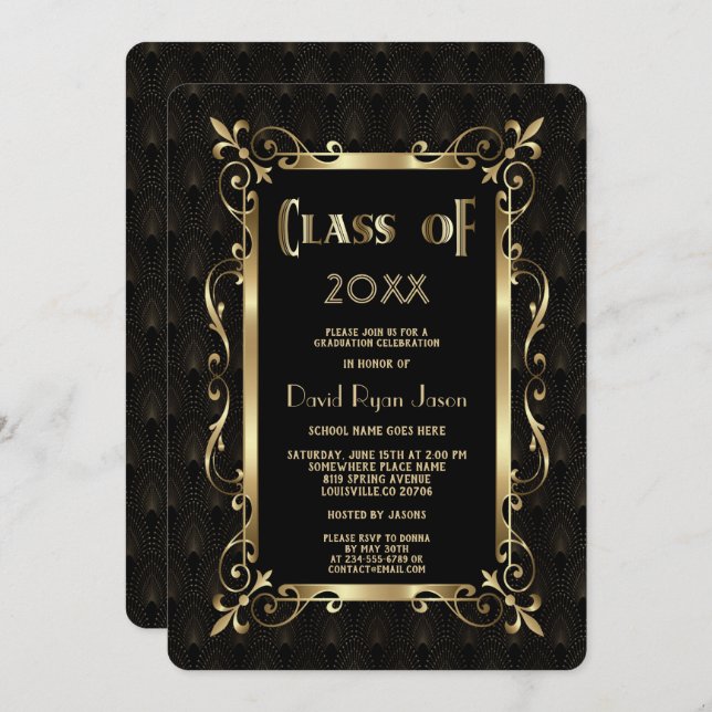 Royalets 20-sekunders Guld Art Dec-Studentfest Inbjudningar (Fram/baksida)