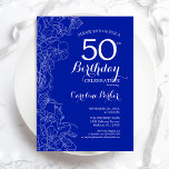 Royalets blå Blommigt 50:e Födelsedagsfesten Inbjudningar<br><div class="desc">Royal Blue Blommigt 50 Födelsedagsfest inbjudan. Minimalistisk modern design med botaniska konturaccenter för teckning och typsnitt för typgrafiska skript. Enkel inbjudan-kortsperfekt för trendig för en snyggt kvinna på dagen firande. Kan anpassas till vilken ålder som helst. Skrivna Zazzle-inbjudningar eller digital utskrivbar mall för omedelbar nedladdning.</div>