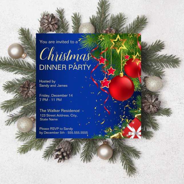 Royalets blåröda gröntar stjärnor jul inbjudningar (Royal blue red green baubles stars Christmas party editable template Invitation digital download)