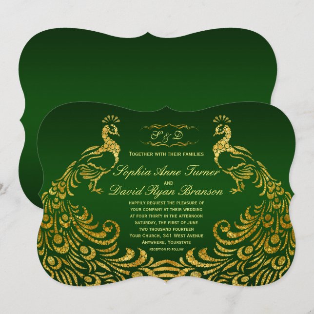 Royalets inbjudan till Grönt Faux Guld Peacock Wed (Fram/baksida)