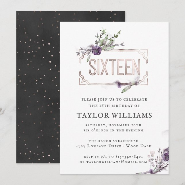 Royalets Lila | Blommigt Ornate Foil Ram Birthday Inbjudningar (Fram/baksida)