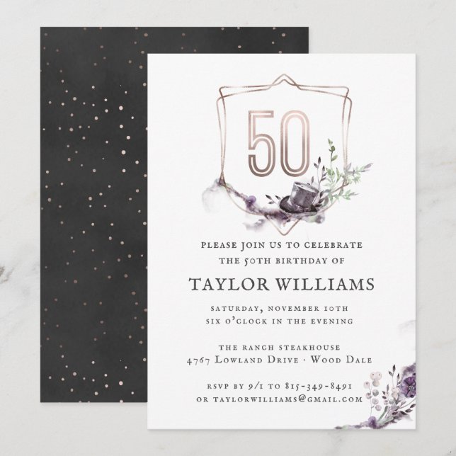 Royalets Lila | Blommigt Ornate Foil Ram Birthday Inbjudningar (Fram/baksida)