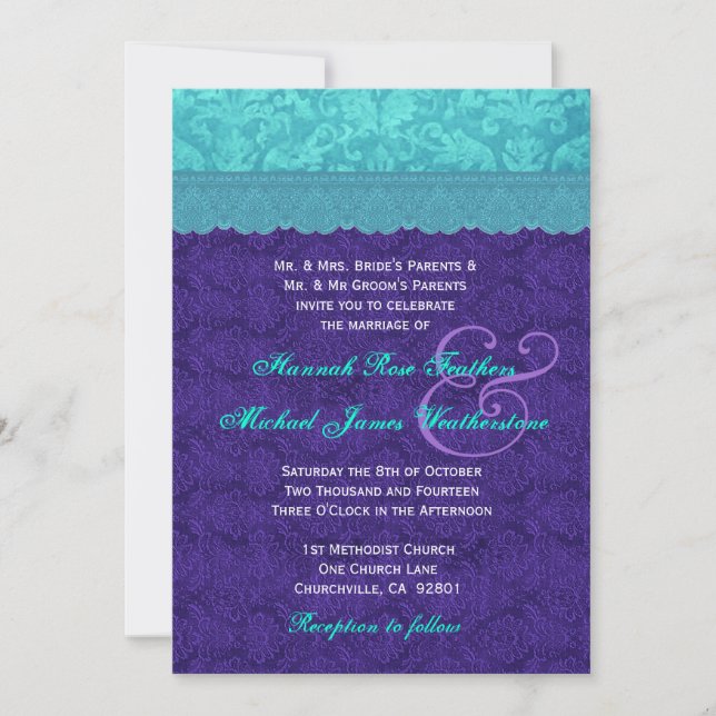 Royalets Lila och Aqua Blue Damask Wedding G500A Inbjudningar (Framsida)