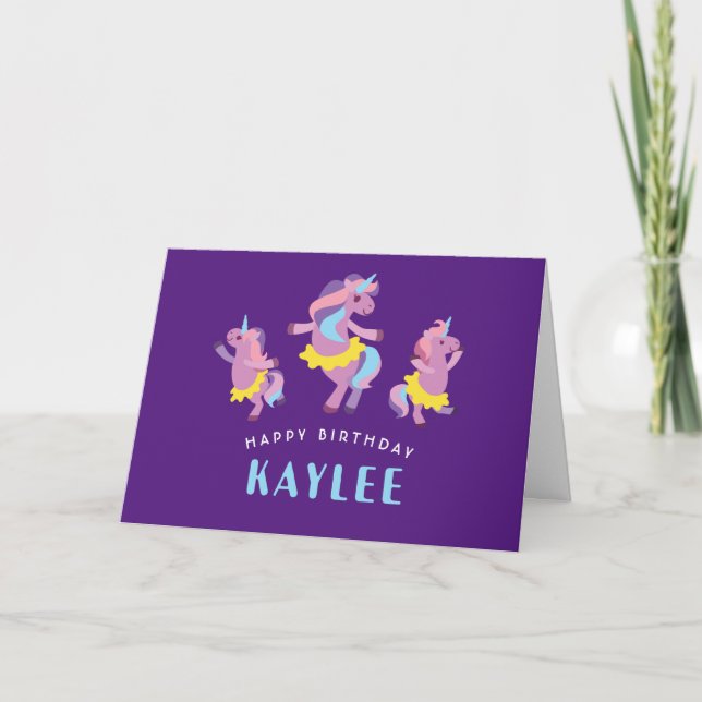 Royalets Lila och Rosa Dancing Unicorn Birthday Kort (Framsida)